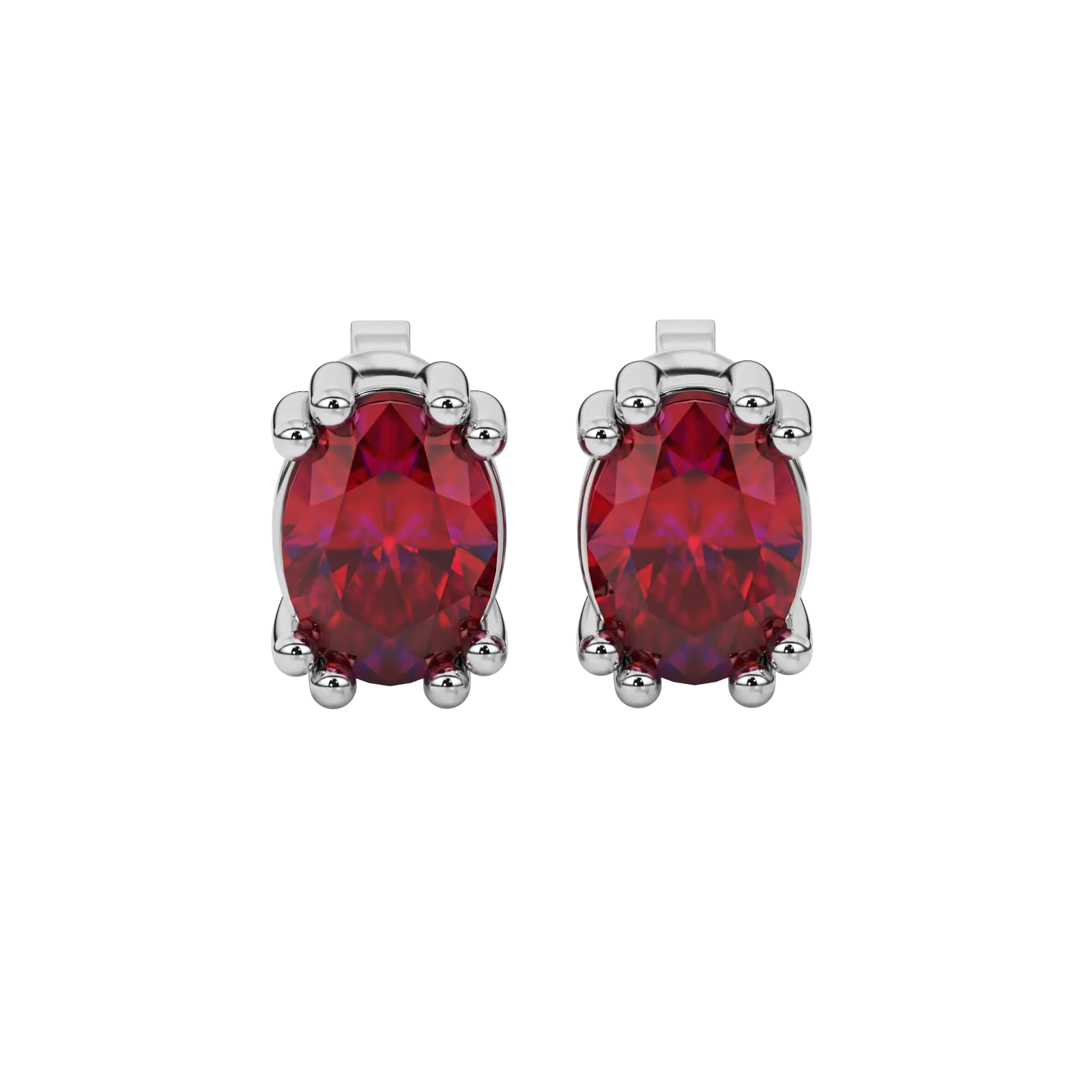 Oval cut raspberry red gemstone earrings, white gold vintage basket setting.
