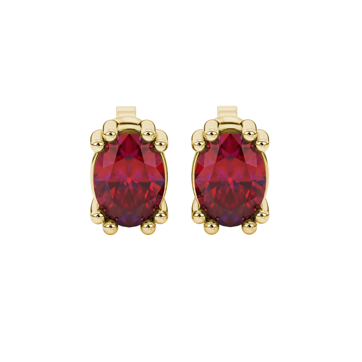 Oval cut raspberry red gemstone earrings, yellow gold vintage basket setting.