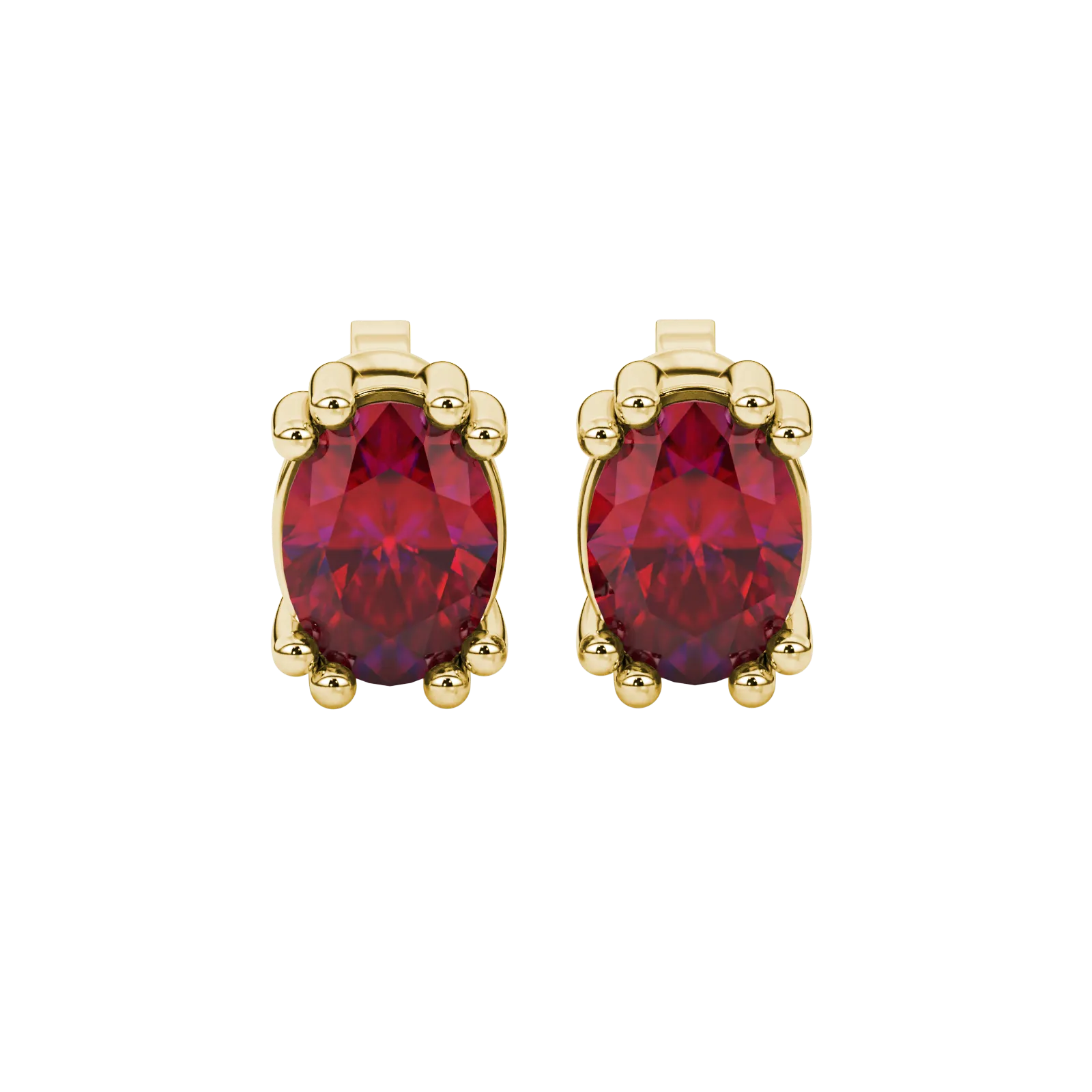 Oval cut raspberry red gemstone earrings, yellow gold vintage basket setting.