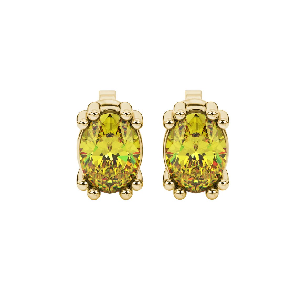 Oval cut canary yellow gemstone earrings, yellow gold vintage basket setting.