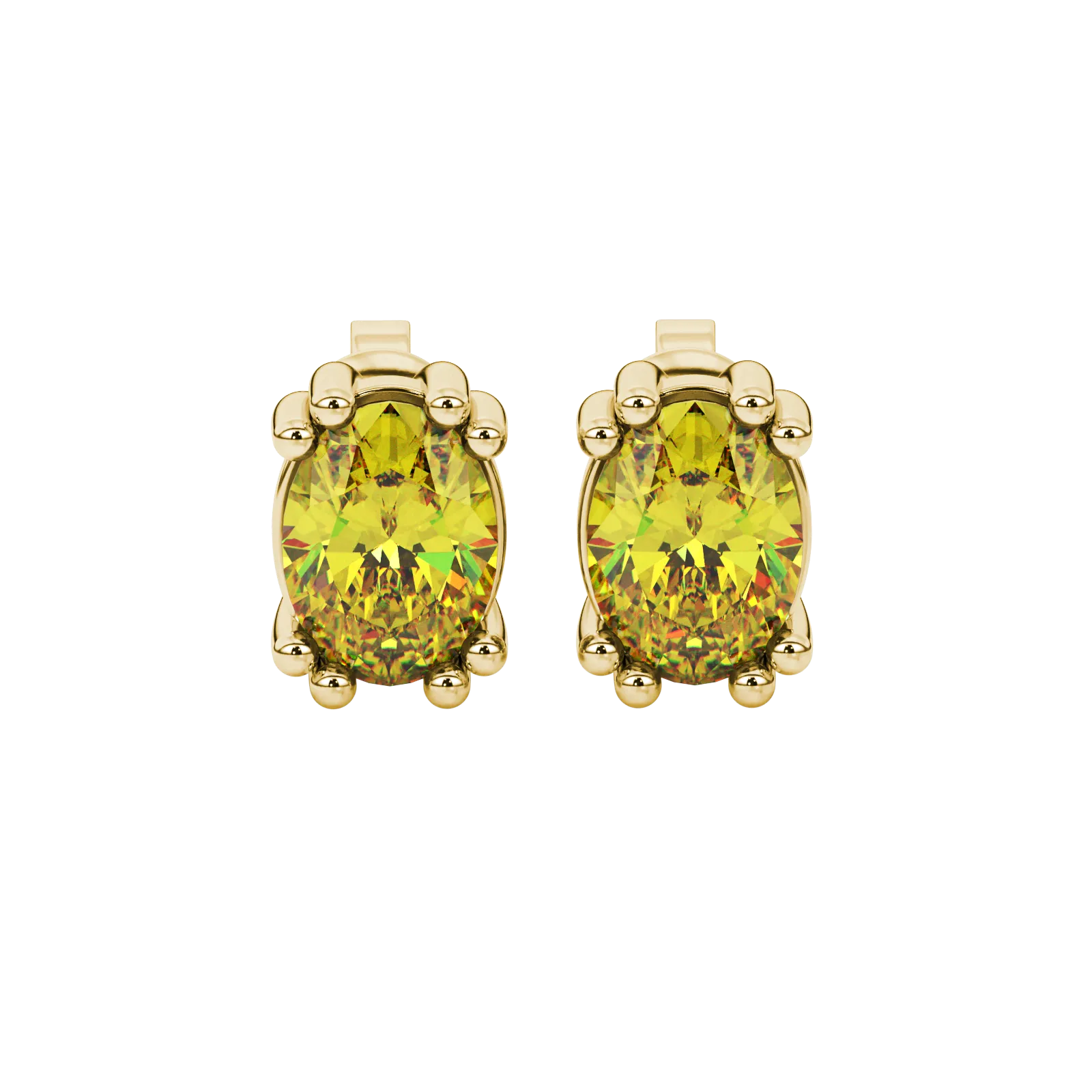 Oval cut canary yellow gemstone earrings, yellow gold vintage basket setting.