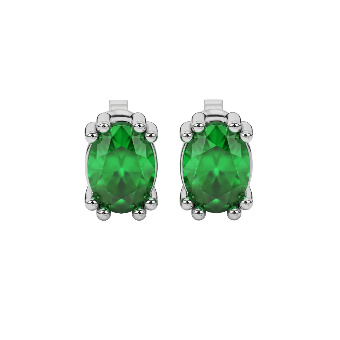 Oval cut emerald green gemstone earrings, white gold vintage basket setting.