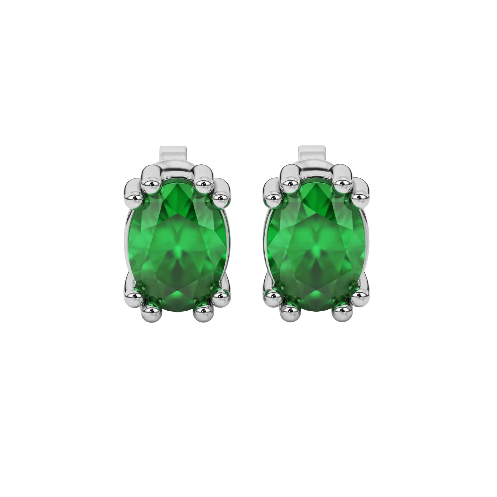 Oval cut emerald green gemstone earrings, white gold vintage basket setting.