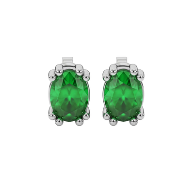 Oval cut emerald green gemstone earrings, white gold vintage basket setting.
