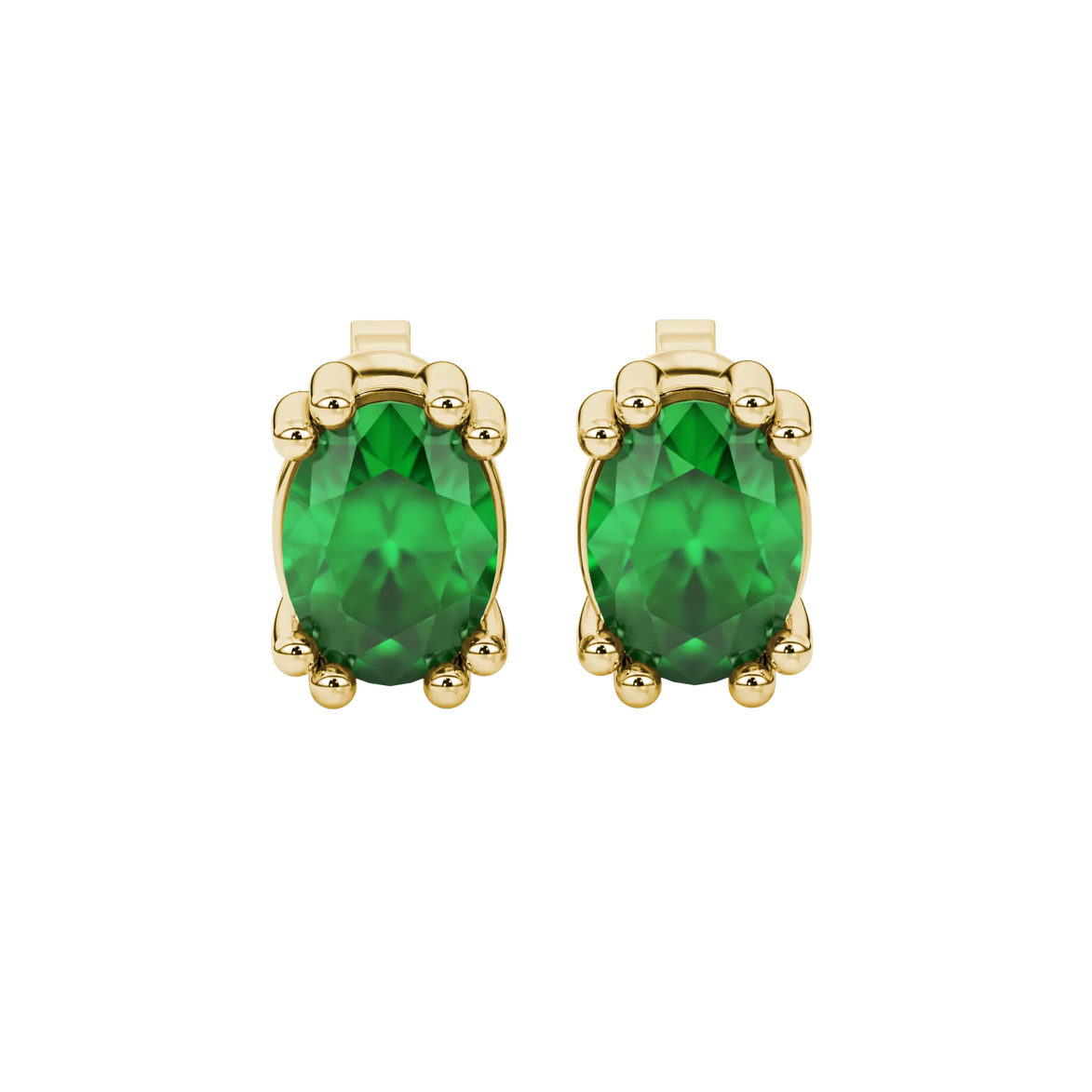 Oval cut emerald green gemstone earrings, yellow gold vintage basket setting.
