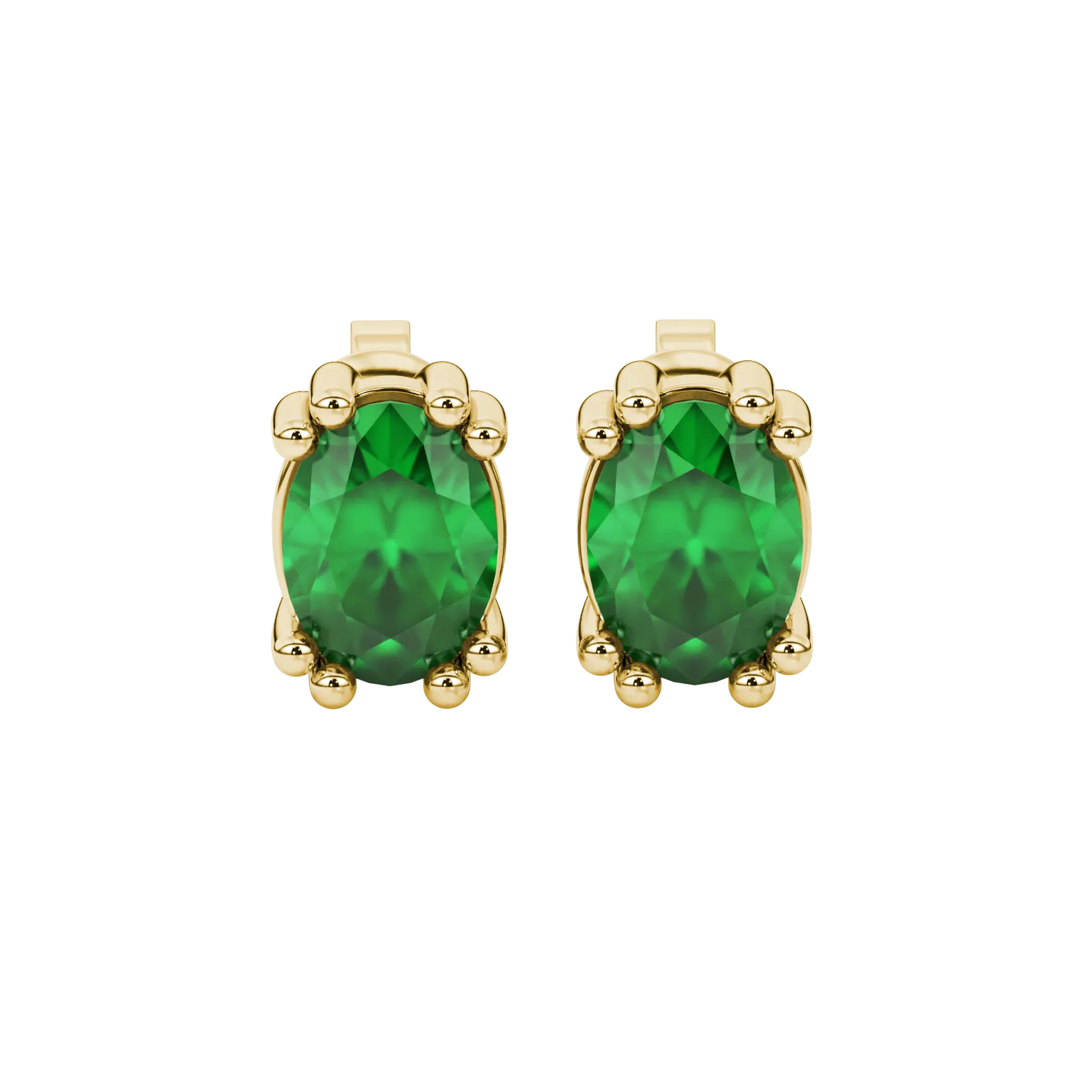 Oval cut emerald green gemstone earrings, yellow gold vintage basket setting.