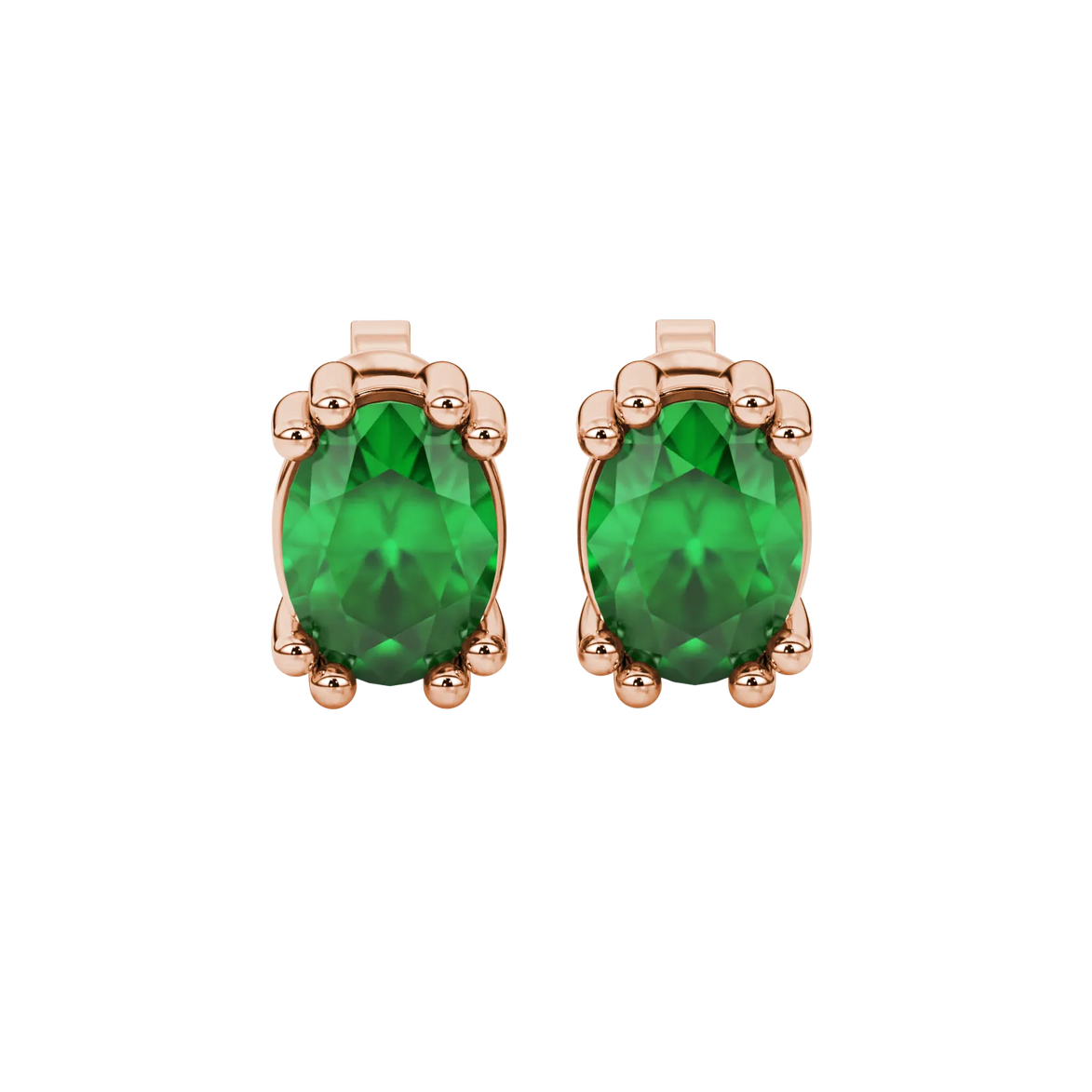 Oval cut emerald green gemstone earrings, rose gold vintage basket setting.