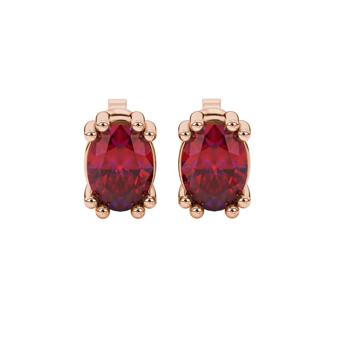 Oval cut raspberry red gemstone earrings, rose gold vintage basket setting.