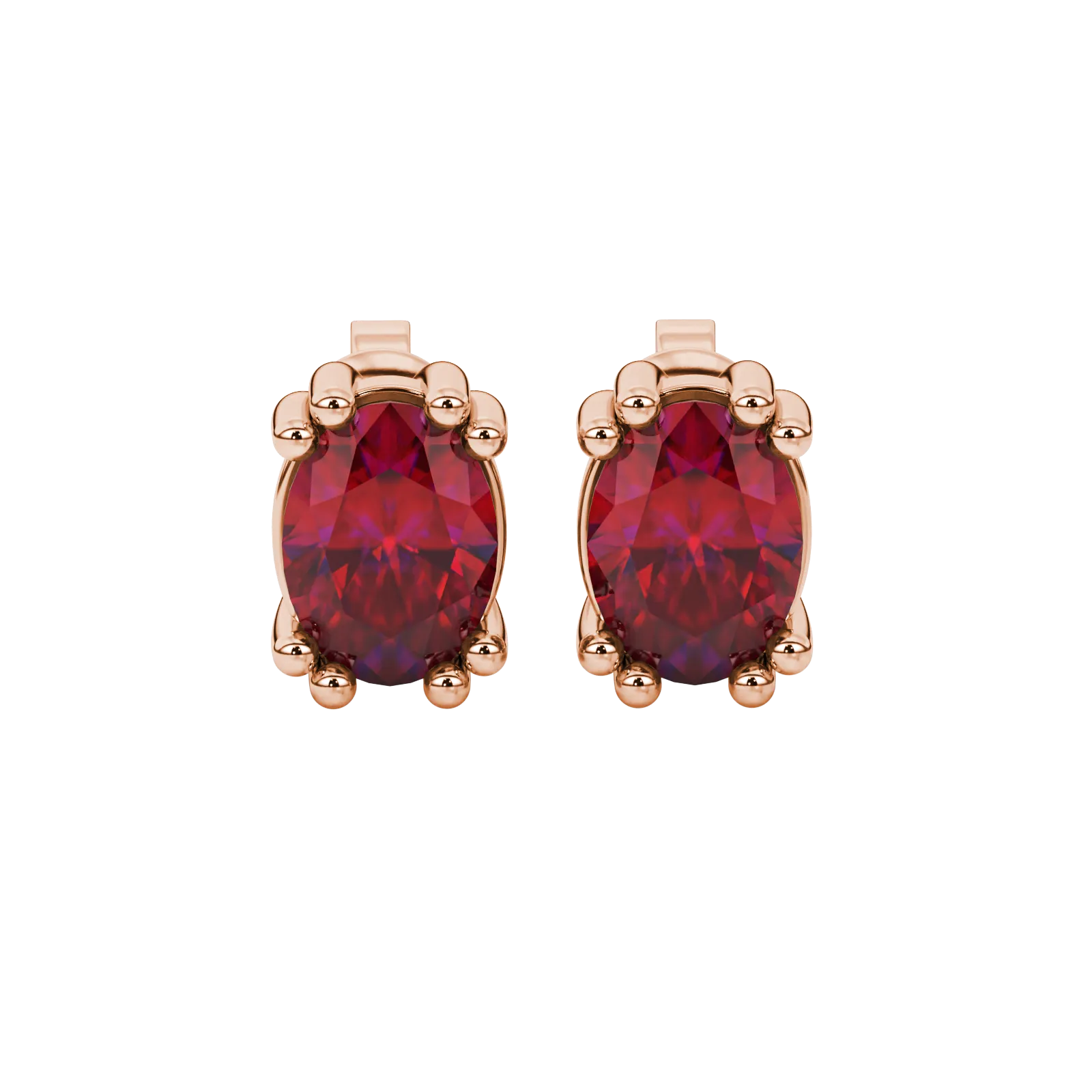 Oval cut raspberry red gemstone earrings, rose gold vintage basket setting.