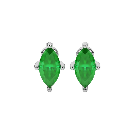 Marquise cut emerald green gemstone earrings, white gold four prong setting.