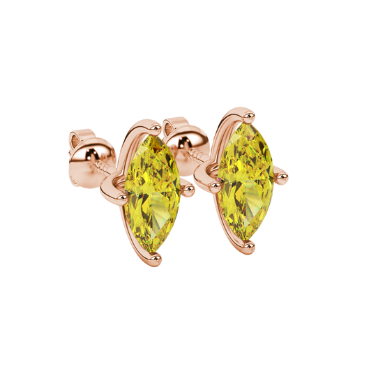 Close-up, marquise cut canary yellow gemstone earrings, rose gold four prong.