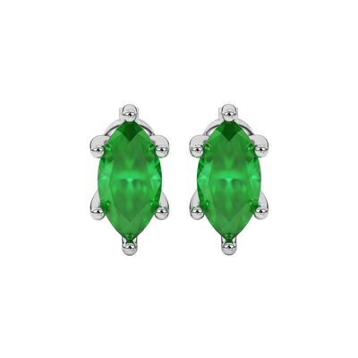Marquise cut emerald green gemstone earrings, white gold six prong setting.