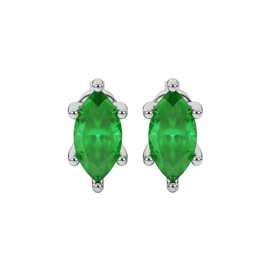 Marquise cut emerald green gemstone earrings, white gold six prong setting.