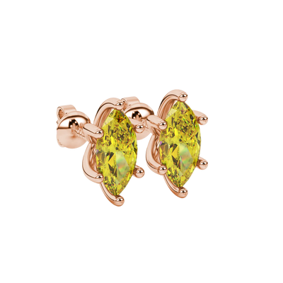 Close-up, marquise cut canary yellow gemstone earrings, rose gold six prong.