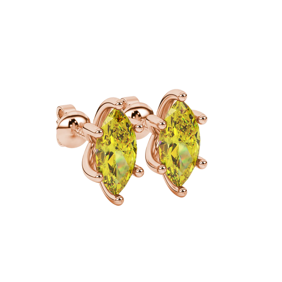 Close-up, marquise cut canary yellow gemstone earrings, rose gold six prong.