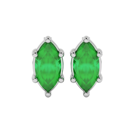 Marquise cut emerald green gemstone earrings, white gold classic basket setting.