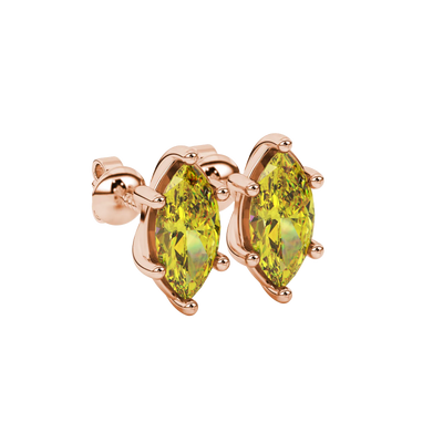 Close-up, marquise cut canary yellow gemstone earrings, rose gold classic basket.
