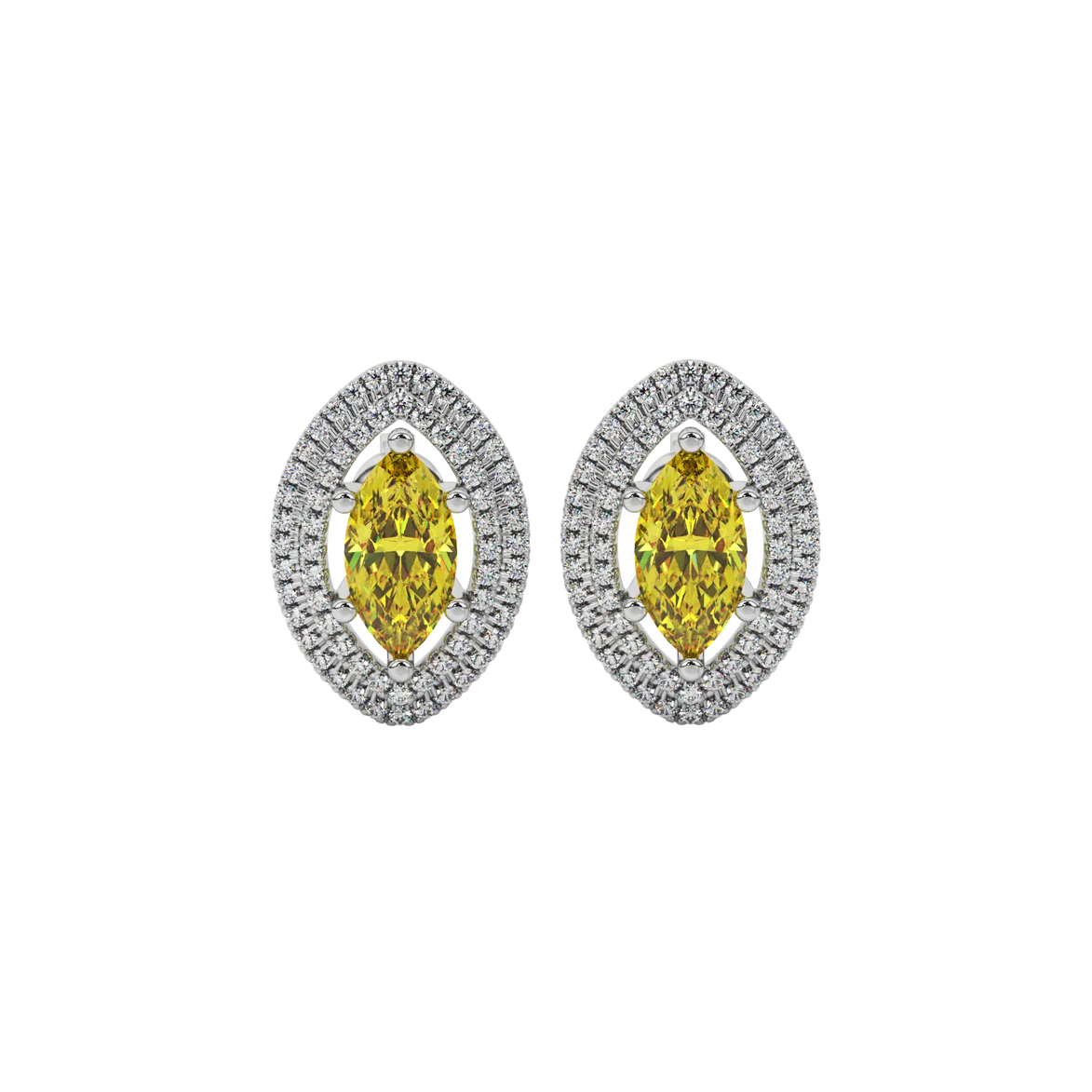 Marquise cut canary yellow gemstone earrings, white gold falling edge halo setting.