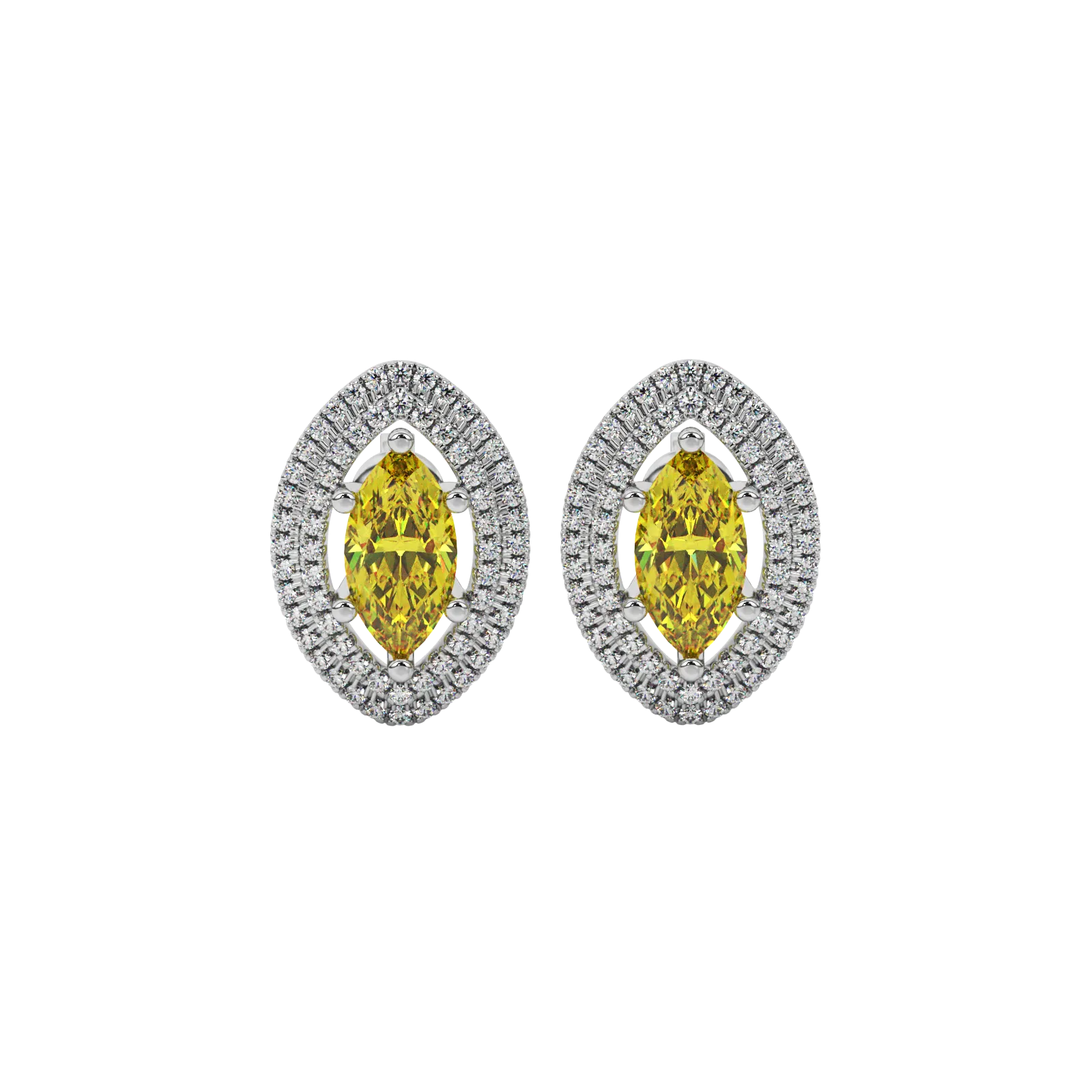 Marquise cut canary yellow gemstone earrings, white gold falling edge halo setting.