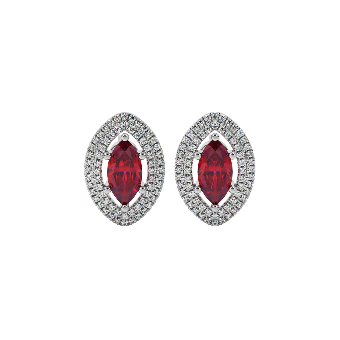Marquise cut raspberry red gemstone earrings, white gold falling edge halo setting