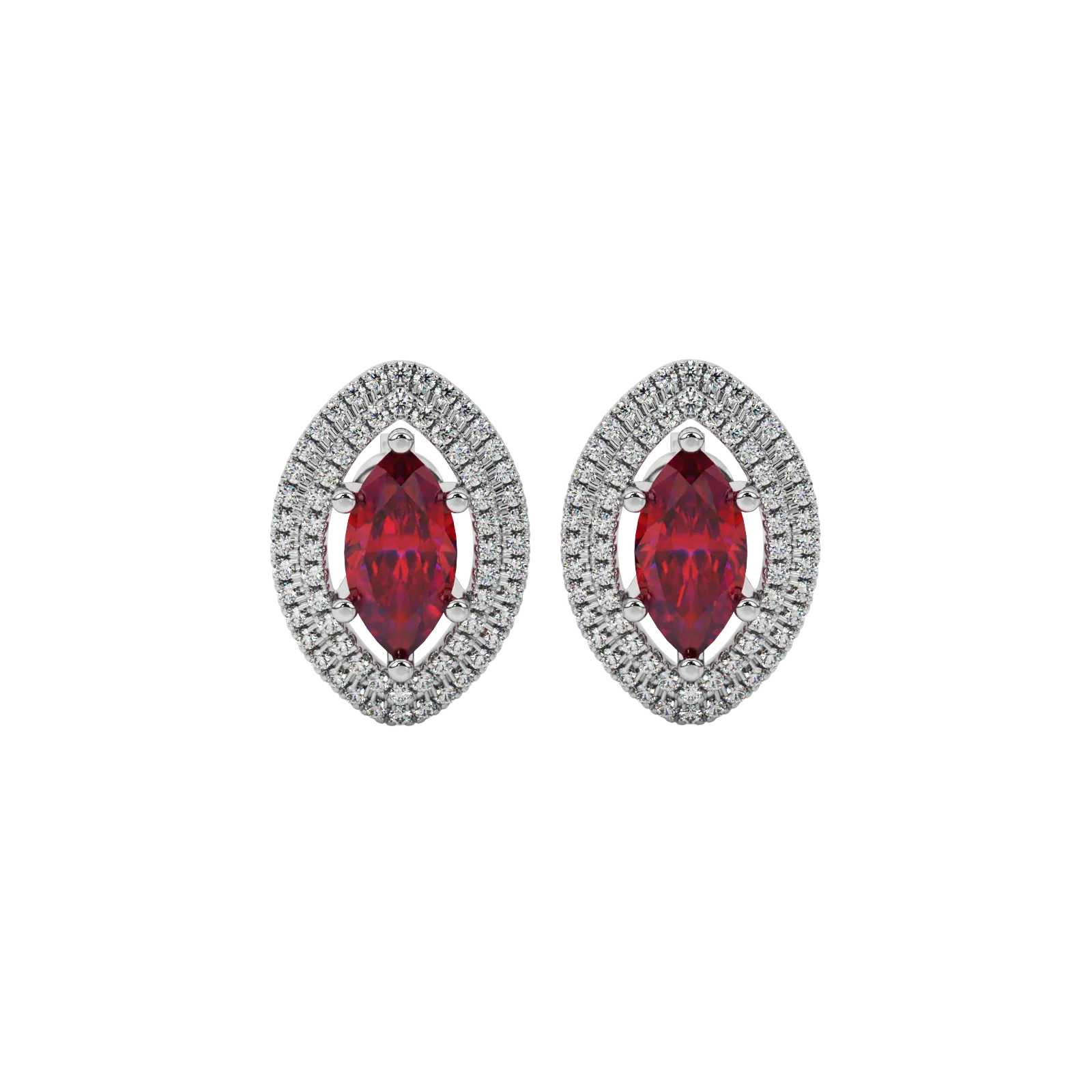Marquise cut raspberry red gemstone earrings, white gold falling edge halo setting