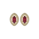 Marquise cut raspberry red gemstone earrings, yellow gold falling edge halo setting.