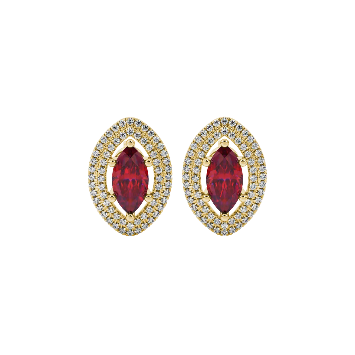 Marquise cut raspberry red gemstone earrings, yellow gold falling edge halo setting.