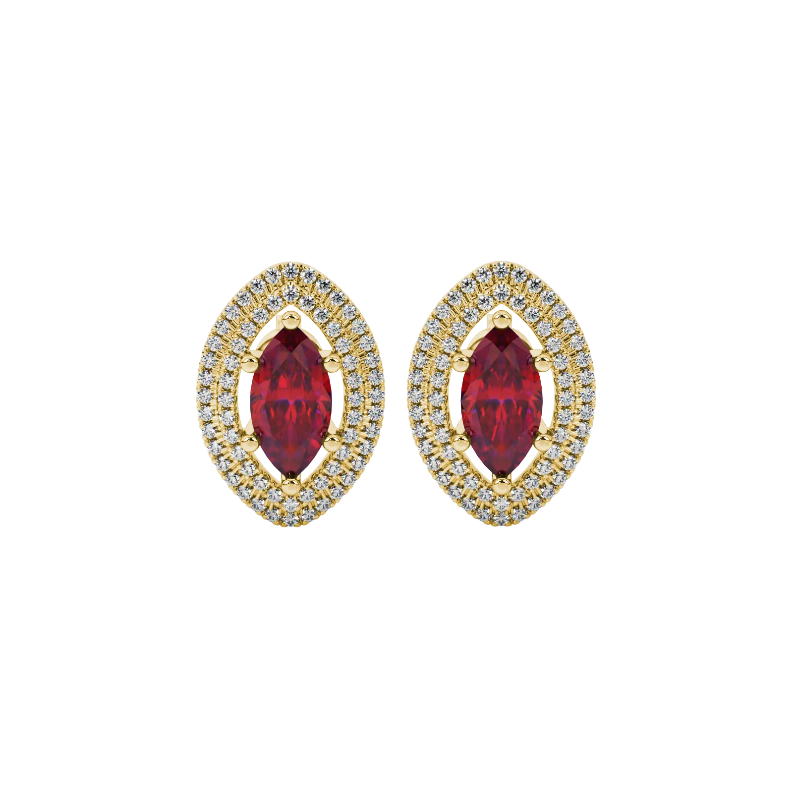 Marquise cut raspberry red gemstone earrings, yellow gold falling edge halo setting.