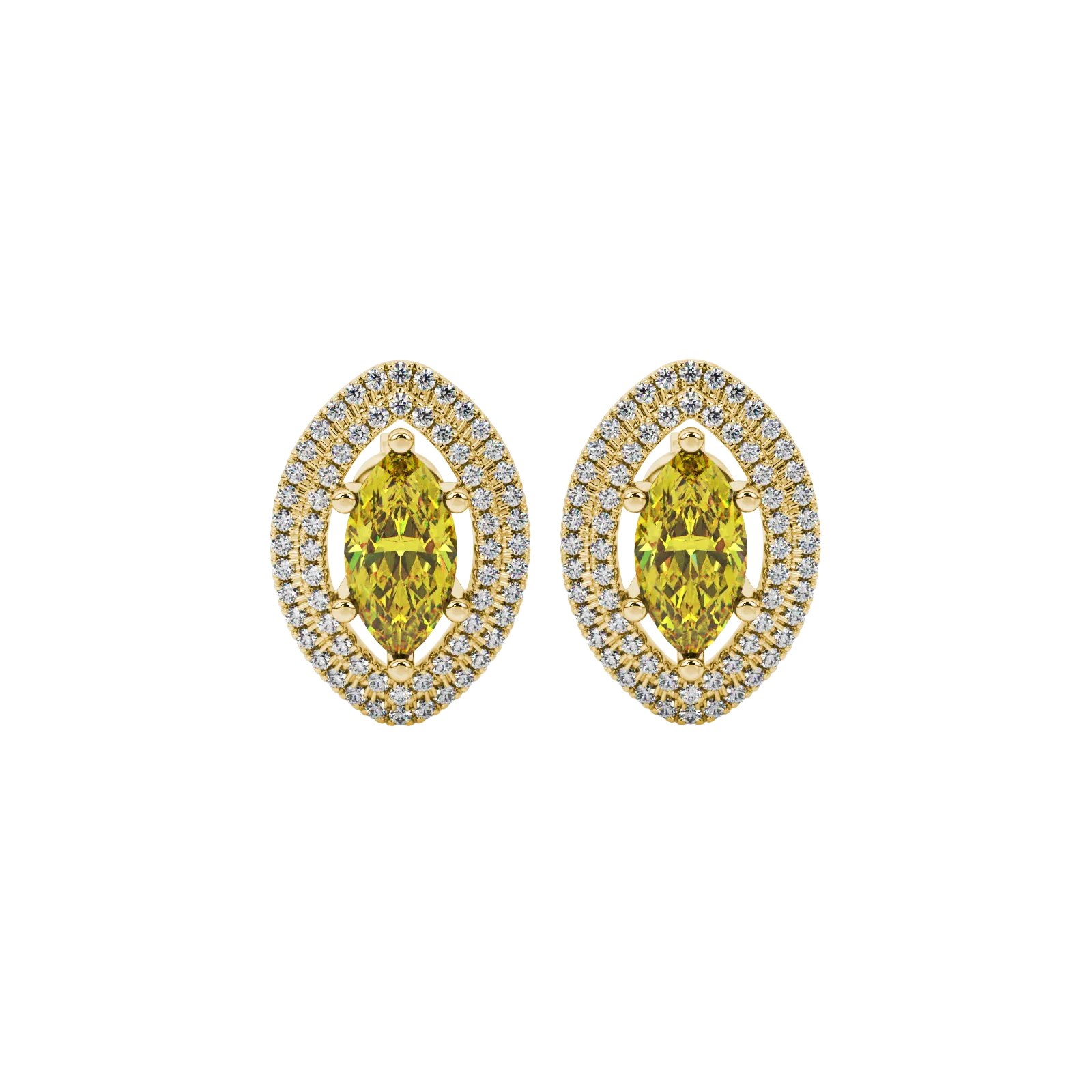 Marquise cut canary yellow gemstone earrings, yellow gold falling edge halo setting