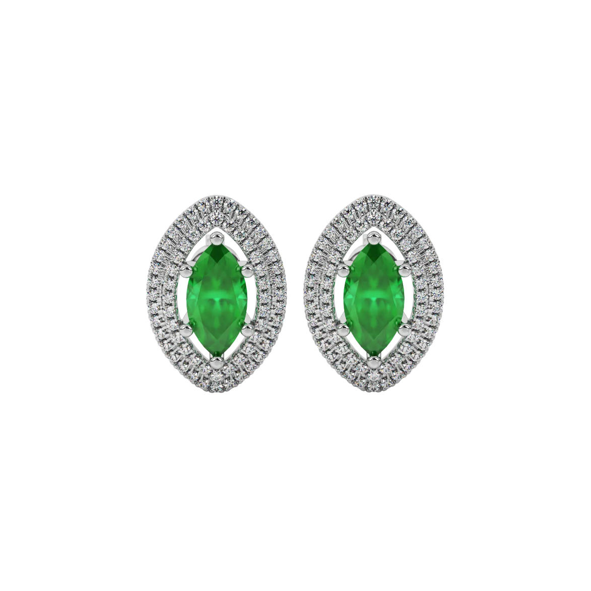 Marquise cut emerald green gemstone earrings, white gold falling edge halo setting.