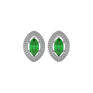 Marquise cut emerald green gemstone earrings, white gold falling edge halo setting.