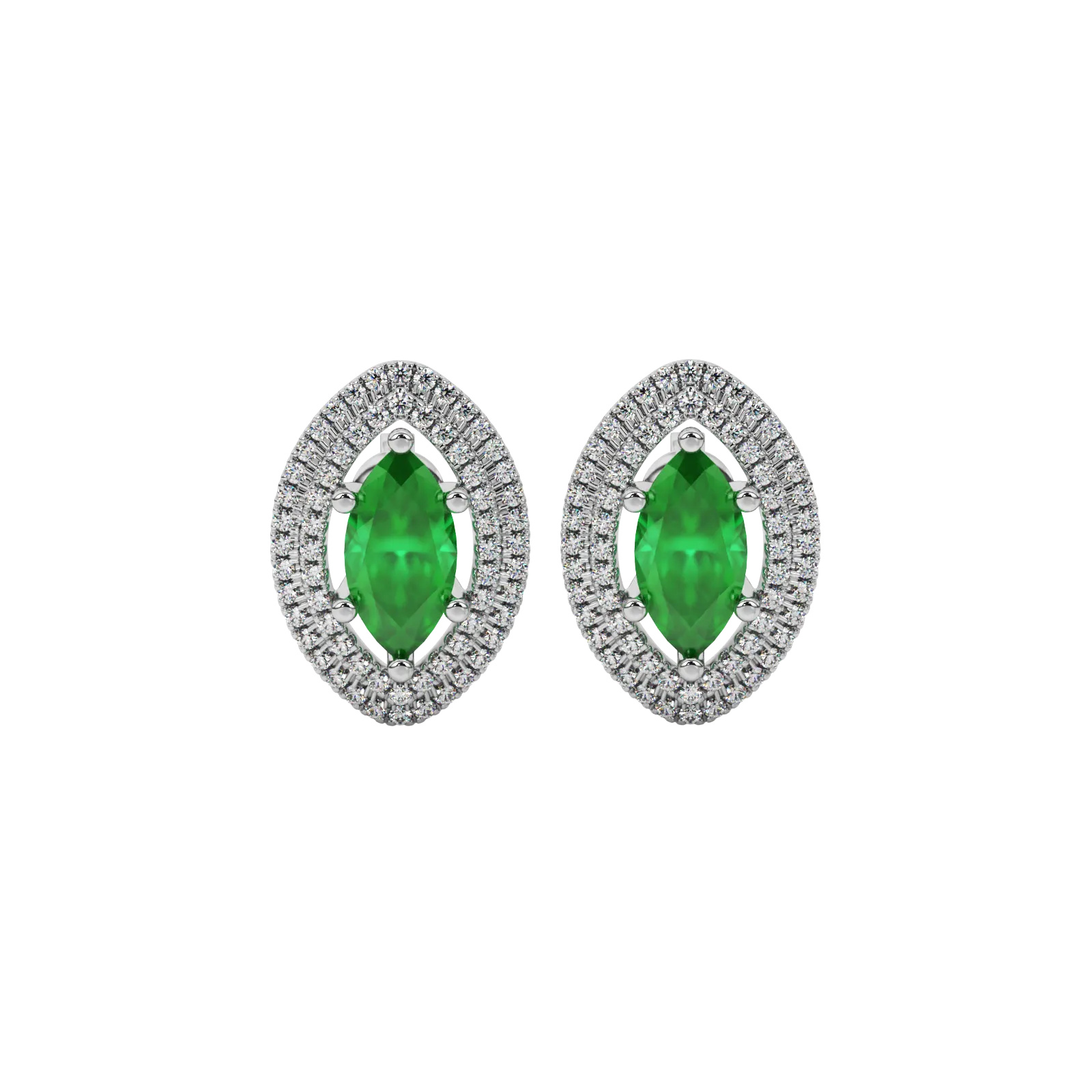 Marquise cut emerald green gemstone earrings, white gold falling edge halo setting.