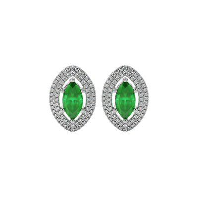 Marquise cut emerald green gemstone earrings, white gold falling edge halo setting.