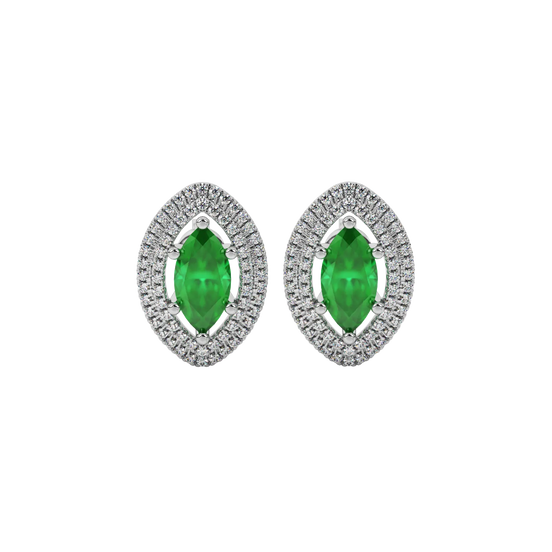 Marquise cut emerald green gemstone earrings, white gold falling edge halo setting.