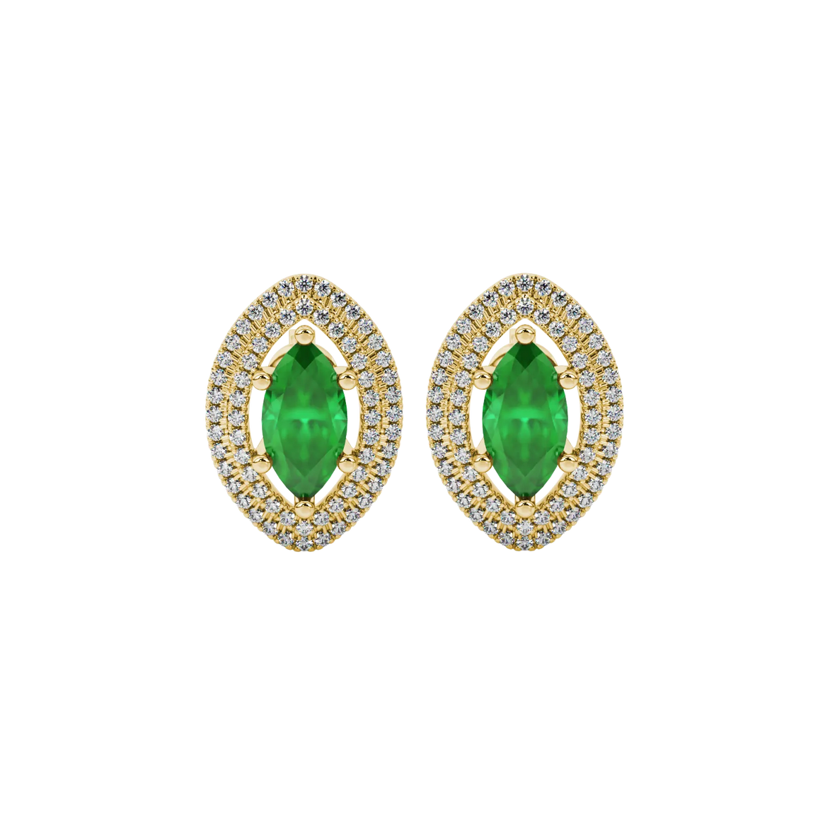 Marquise cut emerald green gemstone earrings, yellow gold falling edge halo setting.