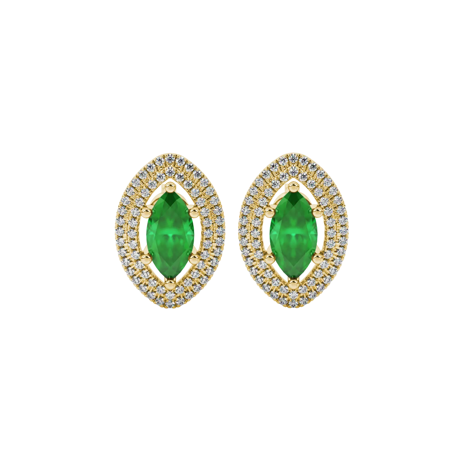 Marquise cut emerald green gemstone earrings, yellow gold falling edge halo setting.