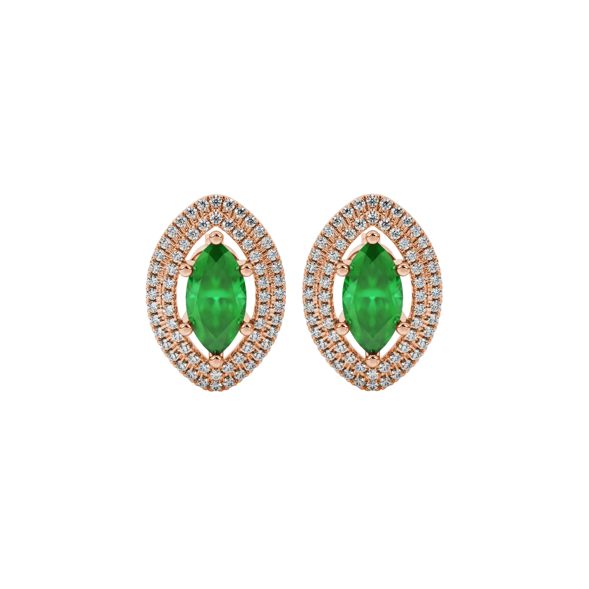 Marquise cut emerald green gemstone earrings, rose gold falling edge halo setting.