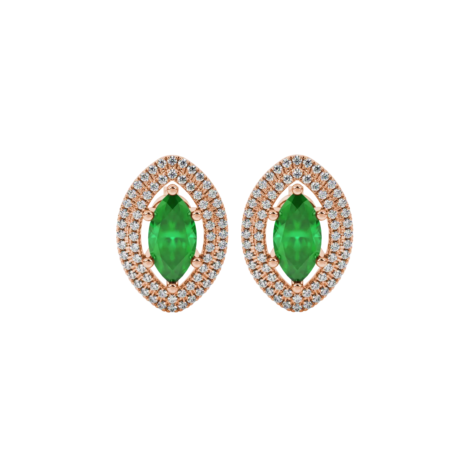 Marquise cut emerald green gemstone earrings, rose gold falling edge halo setting.