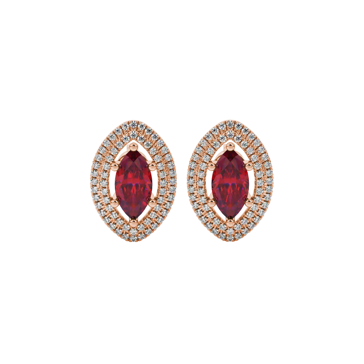 Marquise cut raspberry red gemstone earrings, rose gold falling edge halo setting.