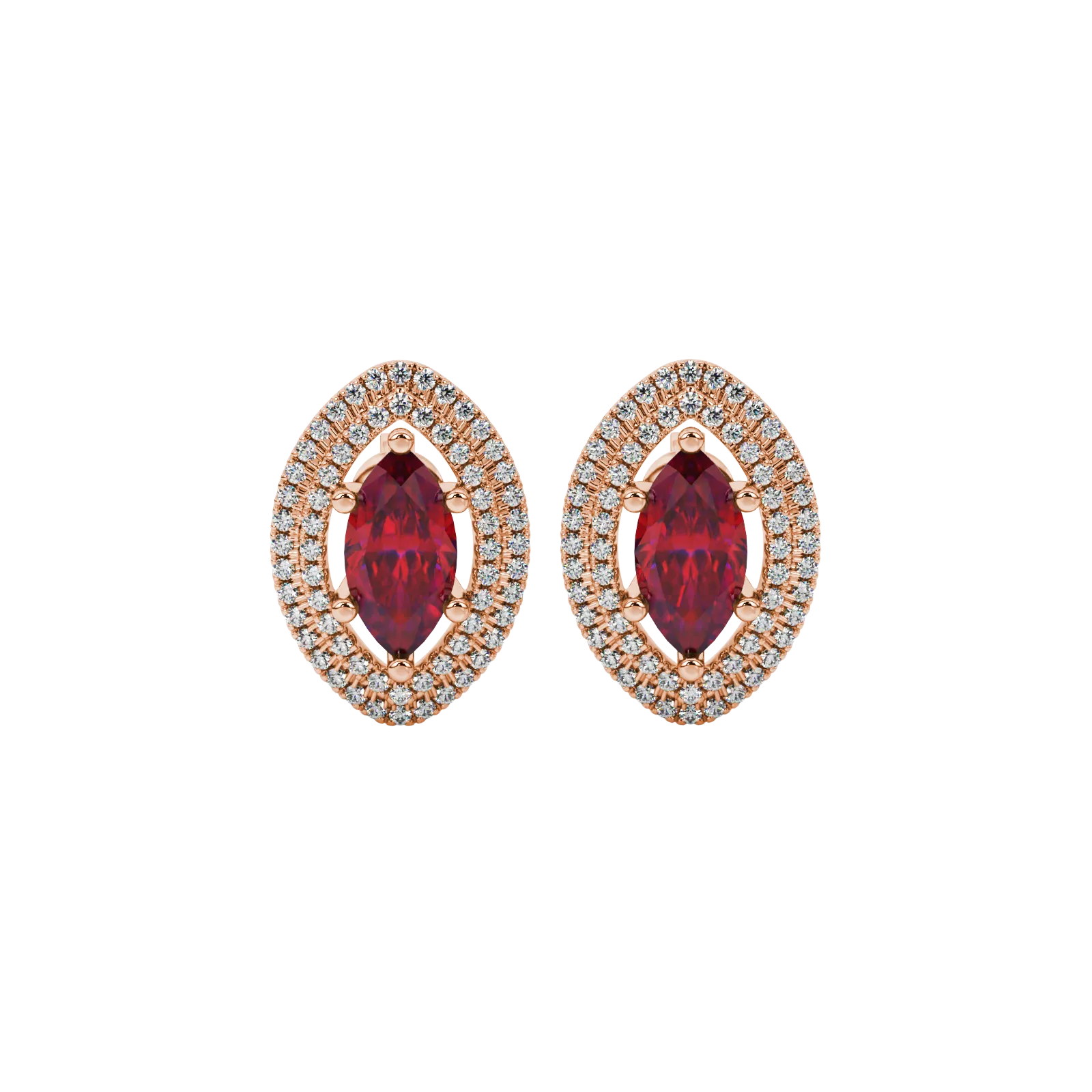 Marquise cut raspberry red gemstone earrings, rose gold falling edge halo setting.