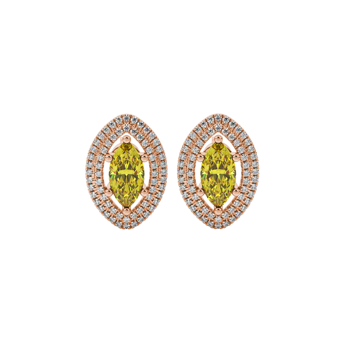Marquise cut canary yellow gemstone earrings, rose gold falling edge halo setting.