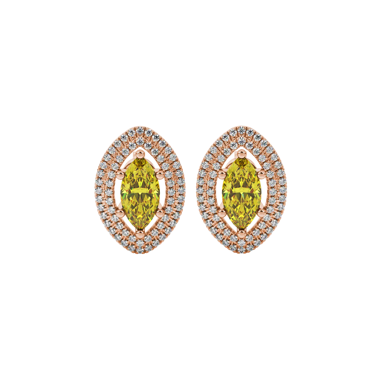 Marquise cut canary yellow gemstone earrings, rose gold falling edge halo setting.