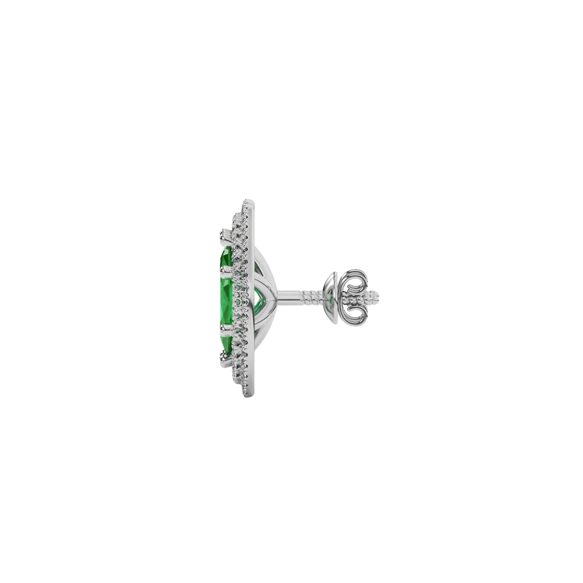 Side profile, white gold emerald green earrings, falling edge halo gallery.