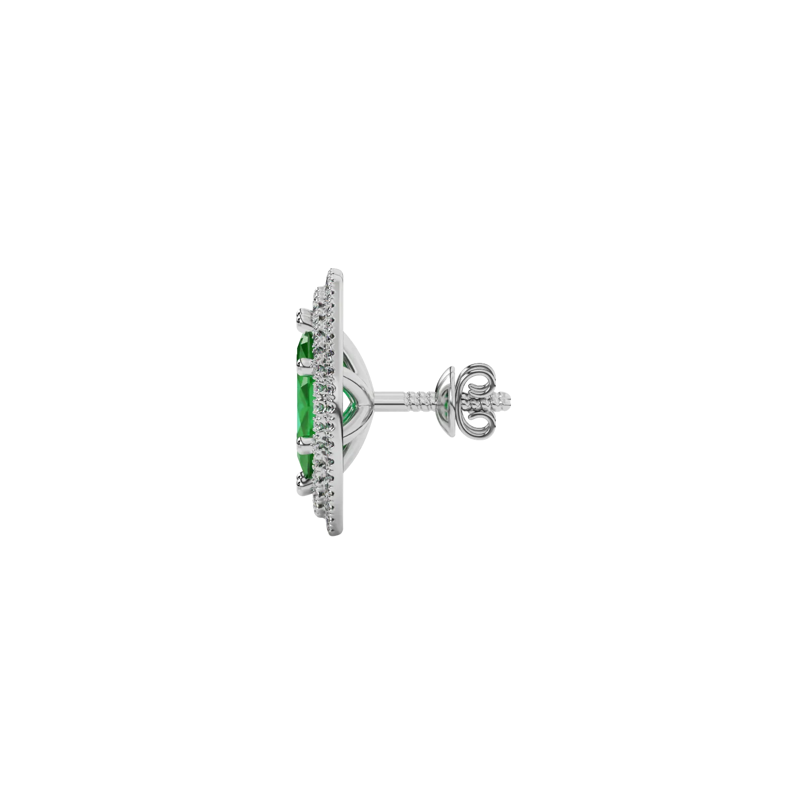 Side profile, white gold emerald green earrings, falling edge halo gallery.