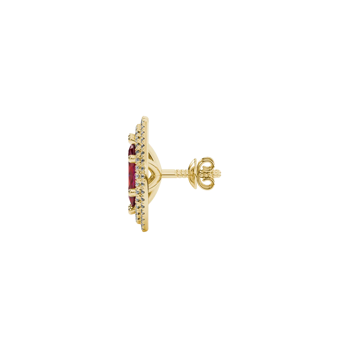 Side profile, yellow gold raspberry red earrings, falling edge halo gallery.