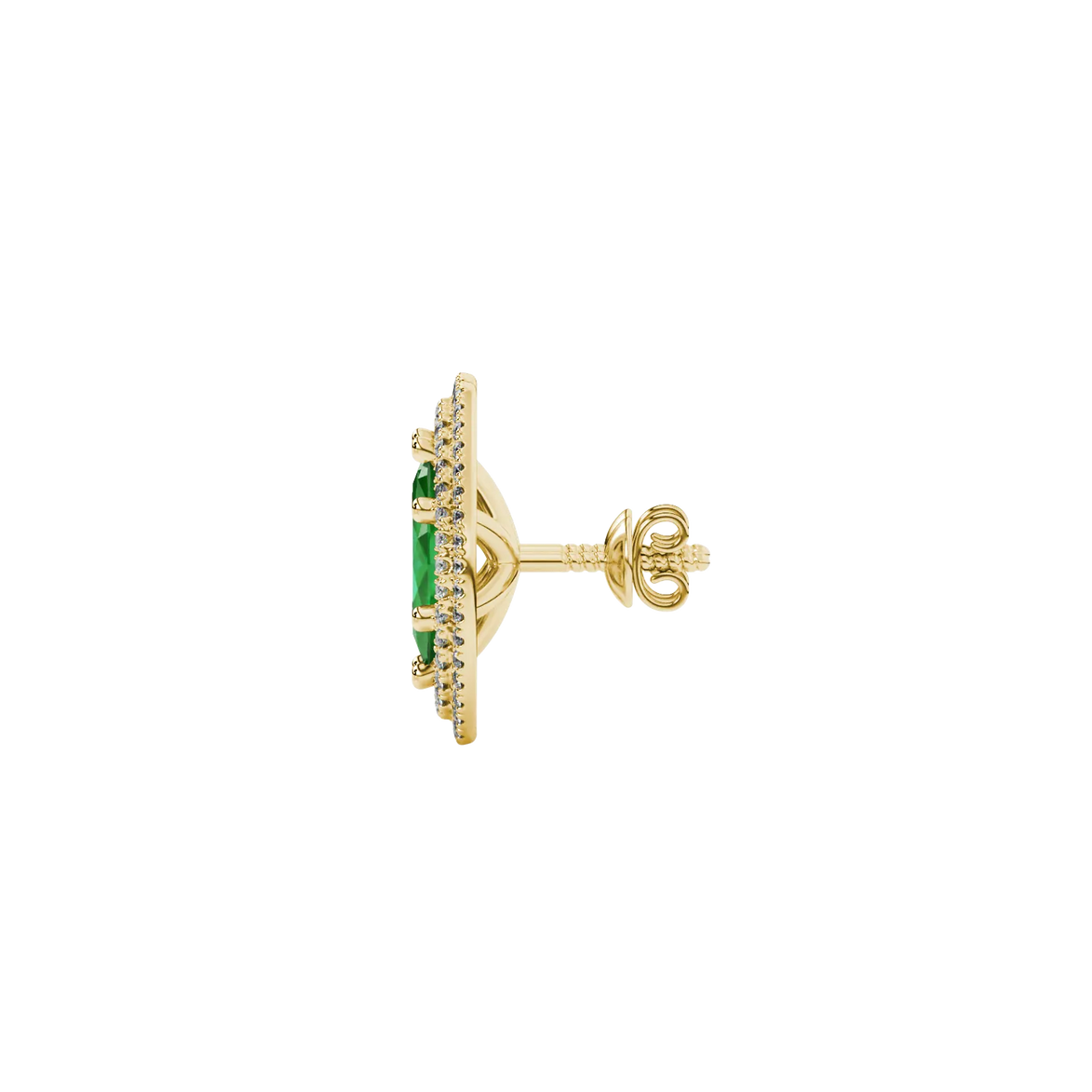 Side profile, yellow gold emerald green earrings, falling edge halo gallery.