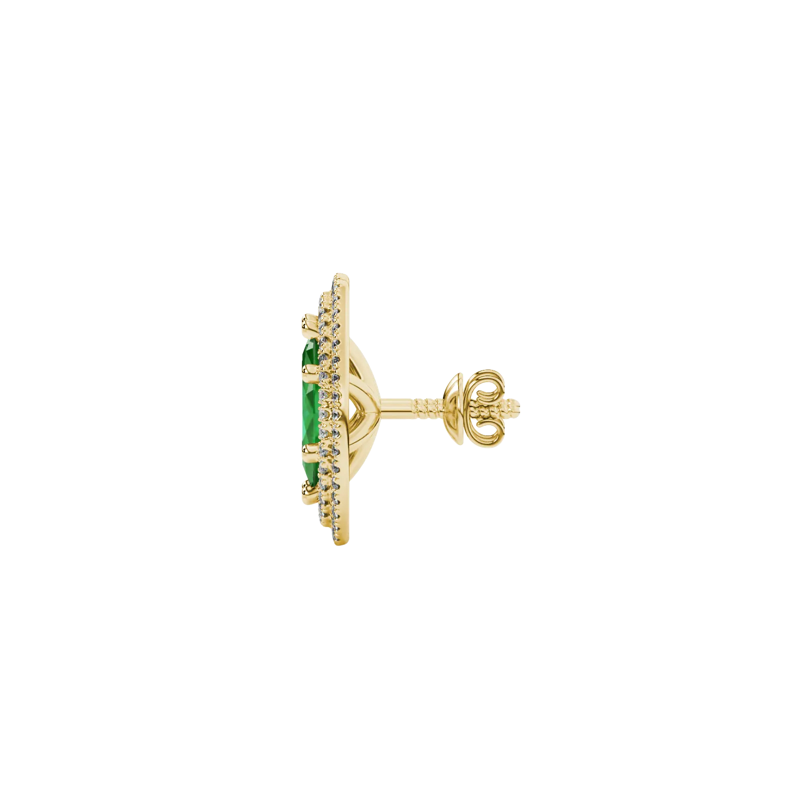 Side profile, yellow gold emerald green earrings, falling edge halo gallery.