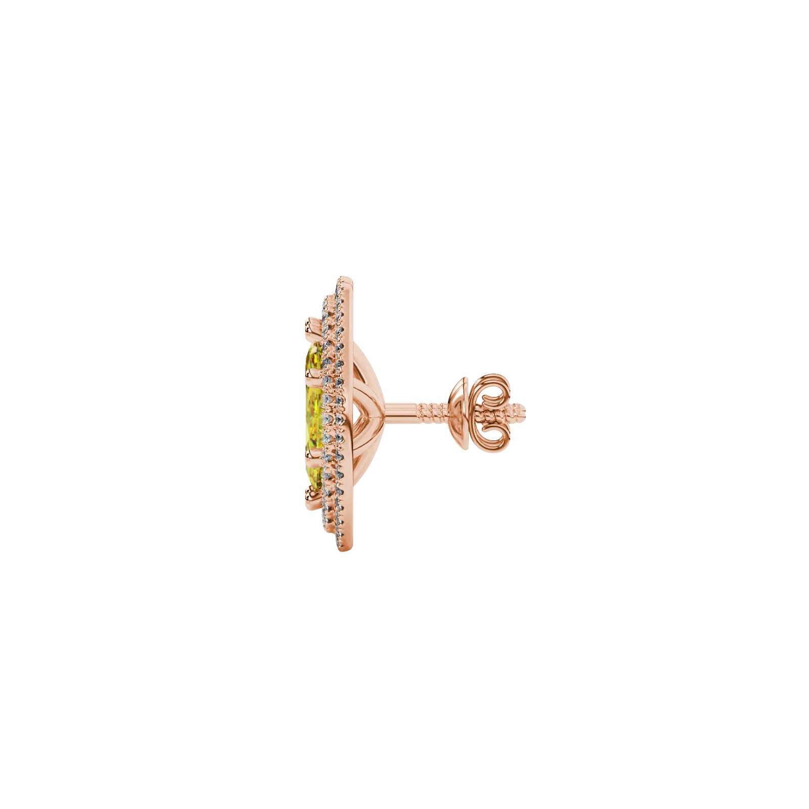 Side profile, rose gold canary yellow earrings, falling edge halo gallery.