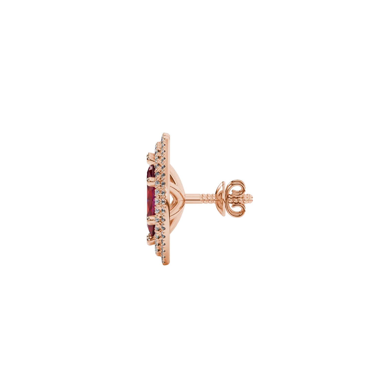 Side profile, rose gold raspberry red earrings, falling edge halo gallery.