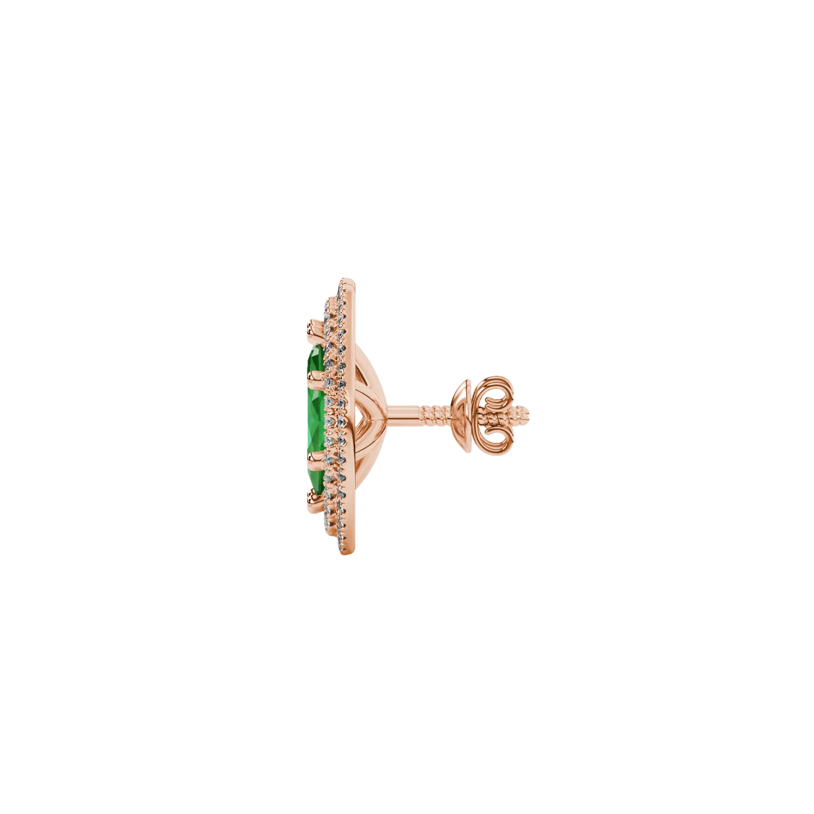 Side profile, rose gold emerald green earrings, falling edge halo gallery.